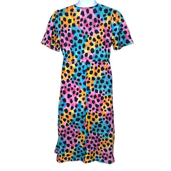 Little Party Dress Womens 10 Cheetah Print 80s V Neck Colorful Neon Retro Twirl - Picture 3 of 8